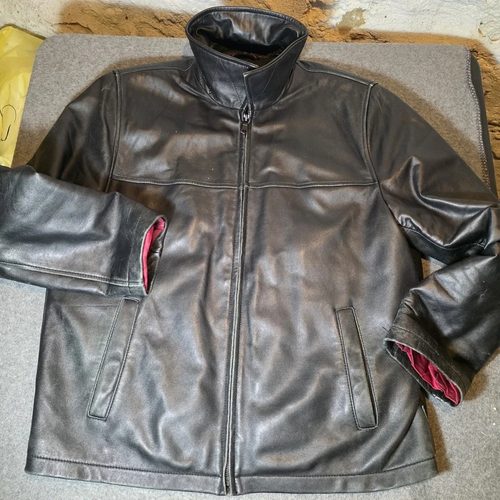 Tommy Hilfiger Mens L Black Leather Bomber Jacket Lined